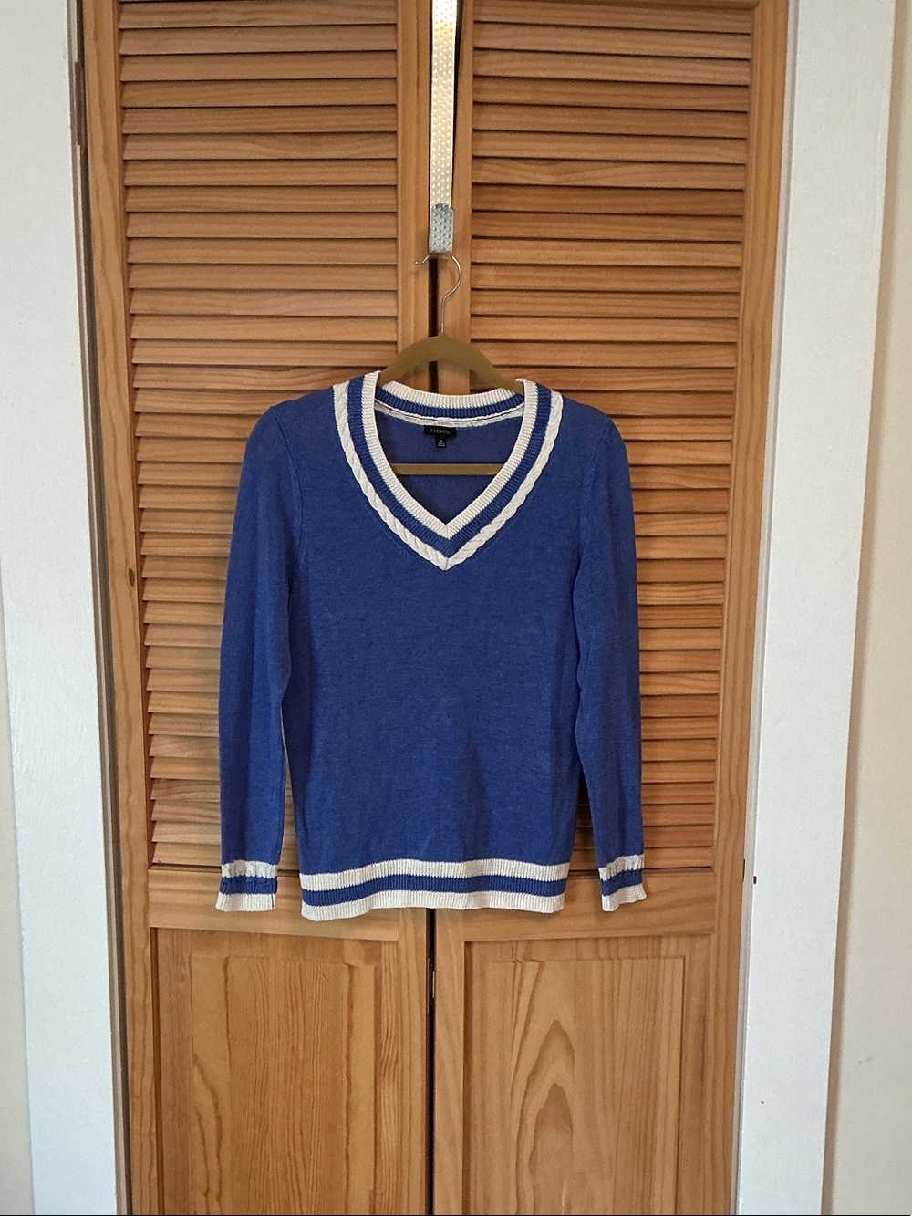 Talbots Blue V-Neck Sweater with White Trim